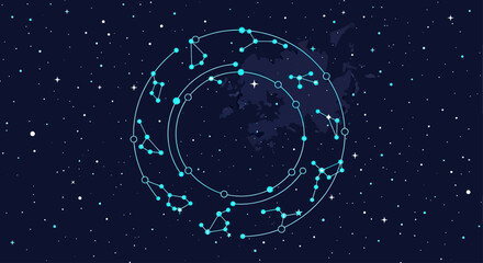 Celestial constellation map on dark starry space background. © Win