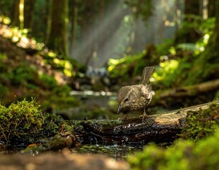 Obraz premium Bird drinks from a forest stream, dappled sunlight, lush green moss surrounds