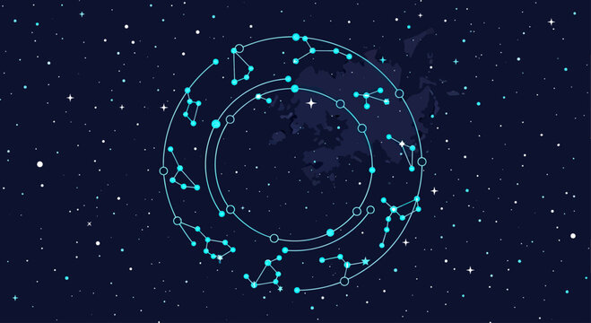 Celestial constellation map on dark starry space background.