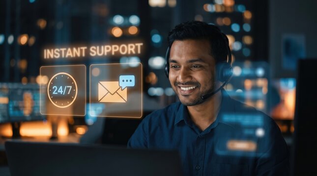 AI Customer Support Concept: Warm Smiling Indian Male Executive with Floating Holographic Chat and 24/7 Clock Icons in Corporate Office