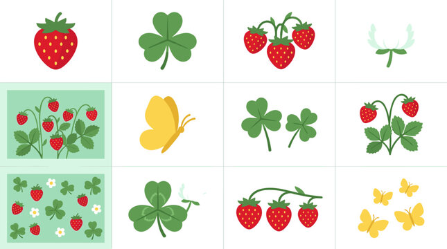 Set of pixel art elements featuring strawberries, clover leaves, and butterflies, perfect for retro game design