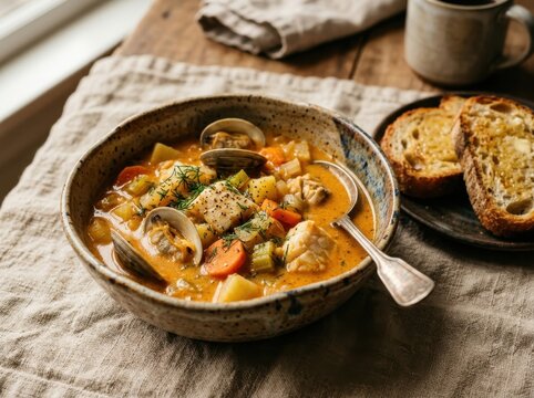 Hearty bowl of seafood chowder with fish and clams served with toasted bread