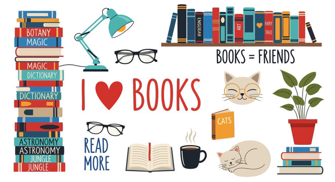 Set of hand drawn cozy reading icons including book stacks shelf sleeping cat glasses and desktop accessories for library themes