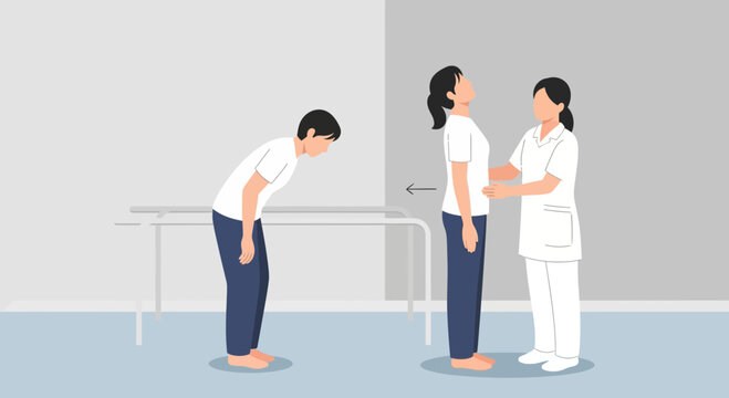 Physical therapy patient and doctor assessing posture in clinic.