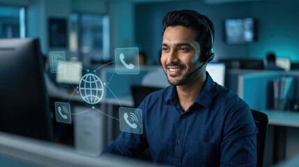Fototapeta premium Global Customer Support Concept: Professional Indian Call Center Agent with Floating Digital Communication Icons