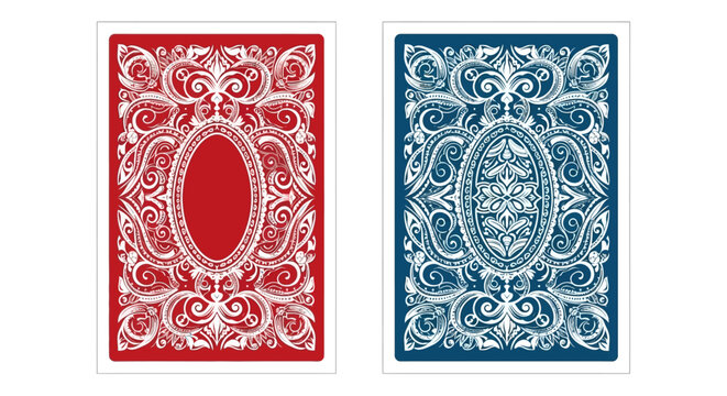 Two ornate playing card backs, one red and one blue, showcasing intricate scrollwork and a central oval emblem