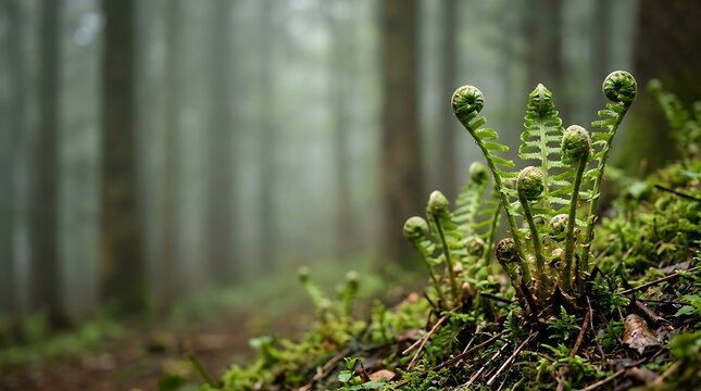 Young fern fiddleheads emerging from moss in a misty forest