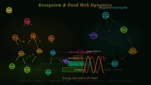 Ecosystem and Food Web Animation Showing Energy Flow Trophic Levels and Producer Consumer Relationships