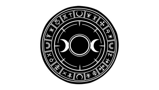 Triple Moon Goddess Symbol with Astrological Glyphs: A mystical black and white illustration of the Triple Moon Goddess symbol, encircled by ancient astrological and alchemical glyphs.