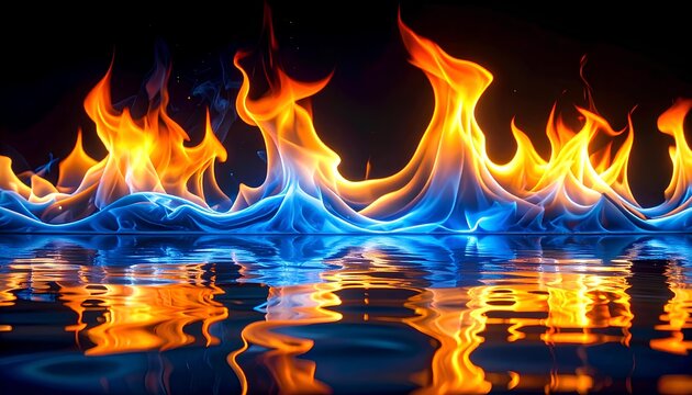 Fire on water reflection abstract split element background. Fire and water on a black background