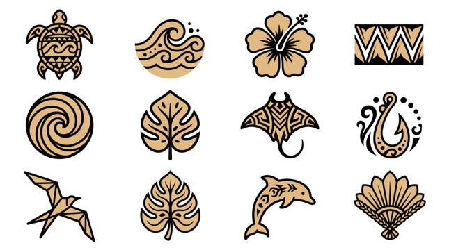 Set of Polynesian tribal tattoo designs with turtle, manta ray, dolphin, hibiscus, leaf, wave, and hook