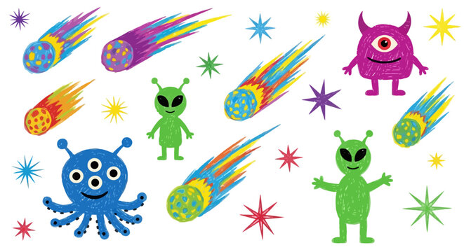 Cute alien monster vector set, colorful space comets and stars illustration, whimsical galaxy character collection for kids nursery decor