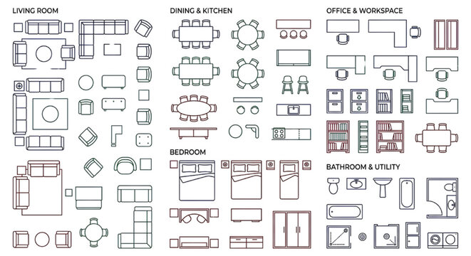 Architectural furniture symbols set for house interior floor plan design line art