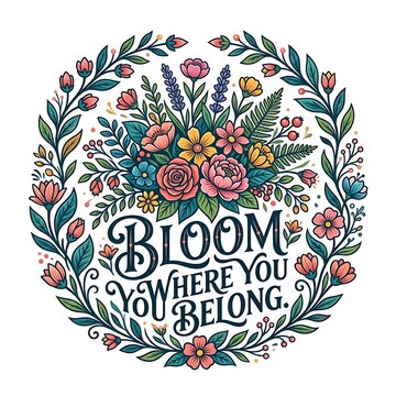 Bloom where you belong motivational quote with floral wreath