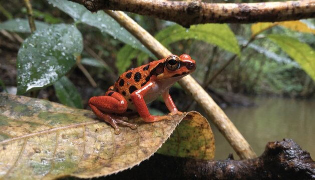 Strawberry poison dart frog or Blue jeans poison dart frog, (Oophaga pumilio) in forest, Bocas del Toro island, Panama. People use the frog&rsquo;s poison for blow darts and arrow poison.
