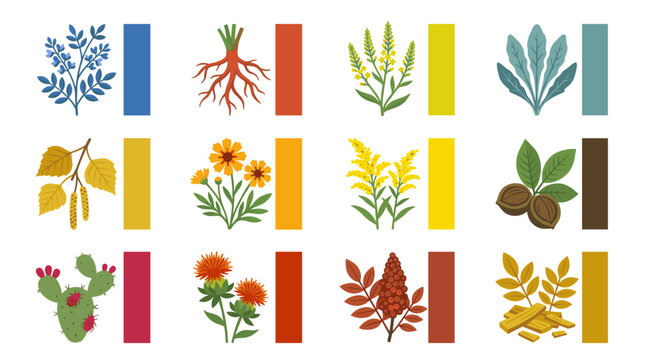 Set of pixel art nature icons with plants, flowers, fruits and trees, showcasing vibrant colors
