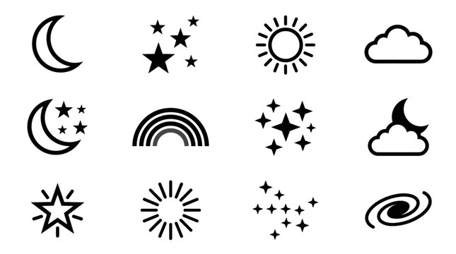 Pixel art weather and astronomy icons set including moon, sun, stars, cloud, rainbow, and galaxy elements