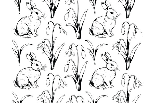 Seamless pattern of hand drawn rabbits and spring flowers