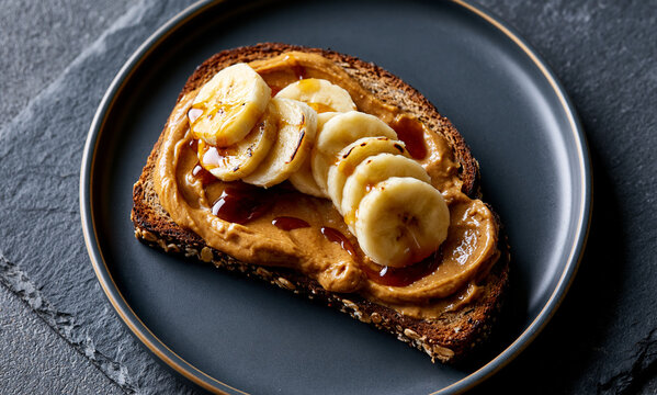 slice of dark toasted multigrain bread on a small dark ceramic plate on dark slate, spread with thick smooth golden-brown almond butter, topped with neatly arranged banana coins with slight caramelize
