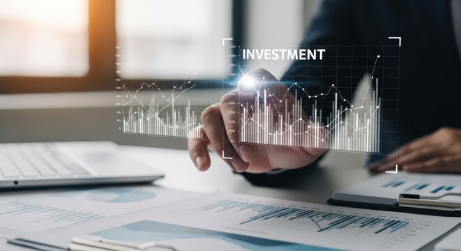 Hand Interacting With Futuristic Investment Data Visualization Showing Growth Charts and Analytics