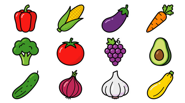 Pixel art collection of various healthy fruits and vegetables including pepper, corn, eggplant, carrot, broccoli, tomato, grapes, avocado, cucumber, onion, garlic, and squash, perfect for retro