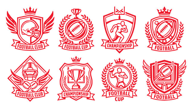 American football crests and sports logos, set of 8 red line art emblems with shields and trophies, varsity team championship badges for tournament branding