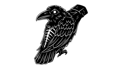 Obraz premium Mysterious Raven Emblem: A stylized black raven, intricately detailed with skeletal features and a geometric object, conveys a sense of dark mystique and enigmatic symbolism.
