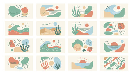 Fototapeta premium Set of abstract pixelated nature landscapes with organic shapes and pastel colors, ideal for modern design and digital art
