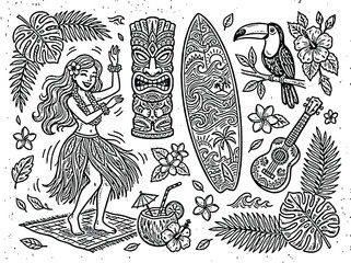 Vintage Hawaiian Tiki Culture Vector Set, Retro Tropical Summer Illustrations, Hand Drawn Hula Dancer and Surfboard Graphics © Vector Hive