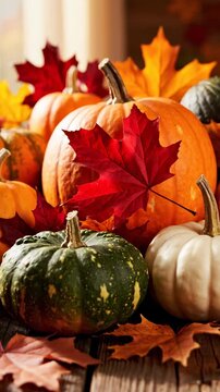 Abundant harvest of assorted pumpkins and gourds arranged with colorful autumn leaves on weathered wooden surface, representing fall season and Thanksgiving celebration