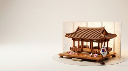 Traditional Korean pavilion with South Korean flag, celebrating liberation day with floral accents