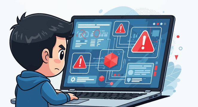 Cute chibi man in blue hoodie monitoring cybersecurity alerts on laptop screen. Digital dashboard features red warning icons, network data, and technical troubleshooting interface.