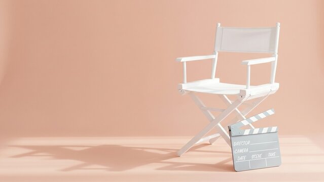 Minimalist cinema concept with white director chair and movie slate on pastel pink background