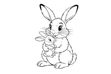 Obraz premium Line drawing of mother rabbit holding baby with illustration
