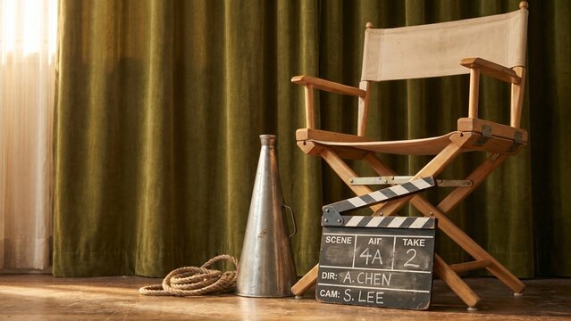 Empty Director Chair with Film Clapperboard and Megaphone on Stage Set for Cinematic Production Preparation