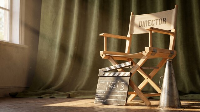 Director's chair with a movie clapperboard and vintage megaphone on a studio stage floor
