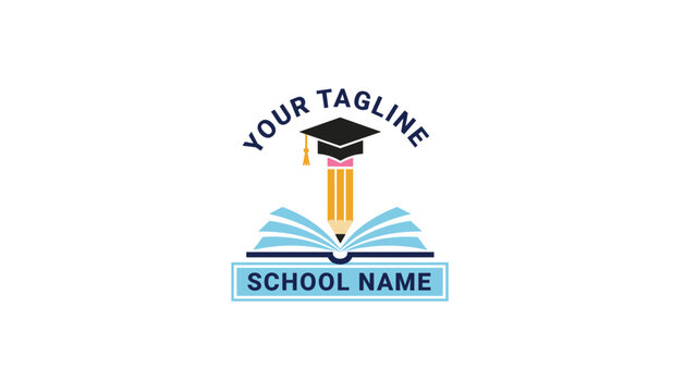 Educational logo design template featuring a pencil wearing a graduation cap on top of an open book with school name placeholders.