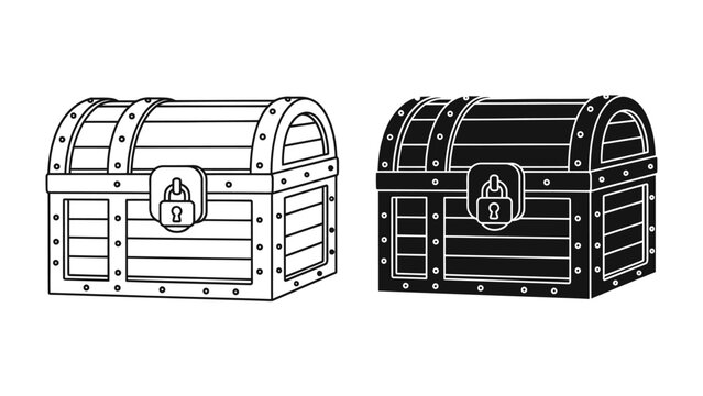 Treasure Chest Icon Set: Two stylized treasure chests, one in outline and one in solid black, ready for use in game design or graphic elements.
