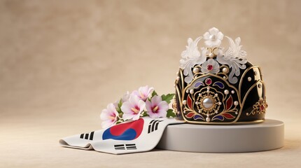 South Korea Liberation Day ornate crown with flag and flowers on pedestal