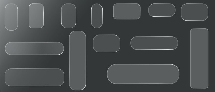 Liquid glass vector buttons and round circle in different shapes. Transparent glass elements with liquid morphism effect for ui design and modern interfaces. Rounded rectangles, circles