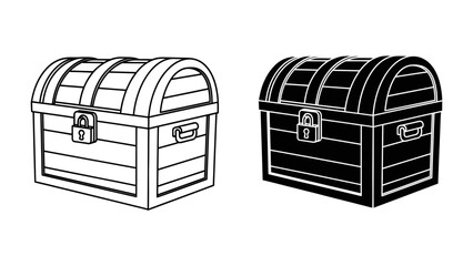 Treasure Chest Illustration: A classic wooden treasure chest, depicted in both outline and solid black versions, symbolizing mystery, wealth, and adventure. © mahmuda428