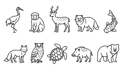 Wildlife Animal Outline Collection with Monkey Deer Owl Turtle and Bear © Madhobe