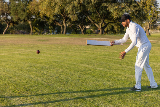 Cricket bat is being held horizontal while ball is arcing over turf toward trees, copy space