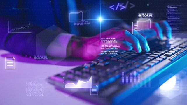 Close up of hands typing on keyboard with futuristic coding interface