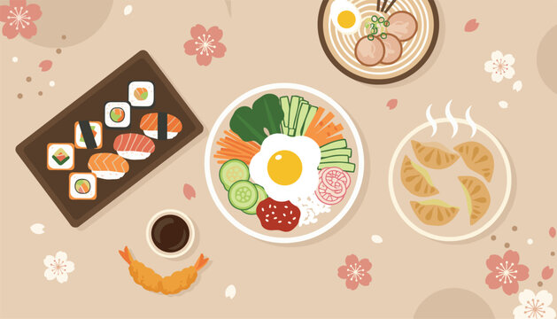 Delicious Japanese cuisine top view table setting with sushi, ramen, gyoza dumplings, bibimbap bowl, and tempura.