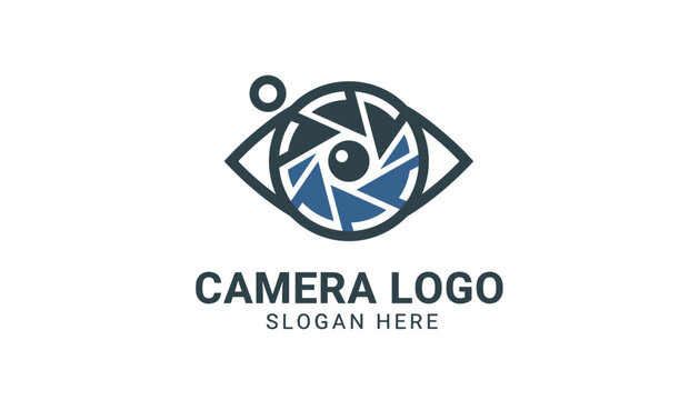 Creative camera logo template featuring an eye icon combined with a camera lens shutter aperture design.