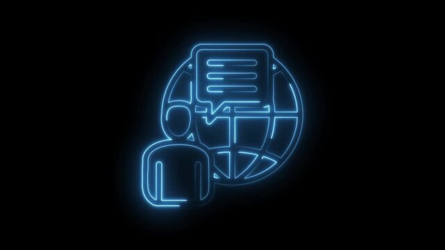 Global communication icon neon glow animated person speech bubble world map digital network