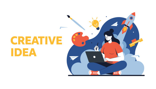 Creative idea banner featuring a female designer working on a laptop surrounded by rocket launch and art tools.