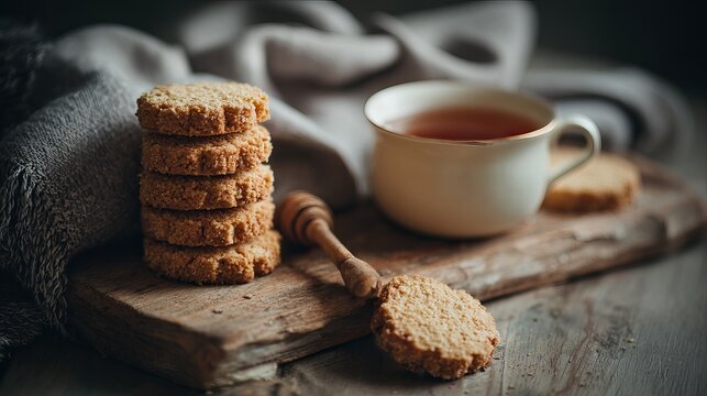 A stack of delicious homemade oatmeal cookies served with a warm cup of tea on a rustic wooden board with a cozy grey blanket in the background