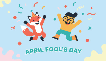 Fototapeta premium Happy april fools day celebratory banner featuring jumping cartoon boy and playful orange fox wearing party hat.